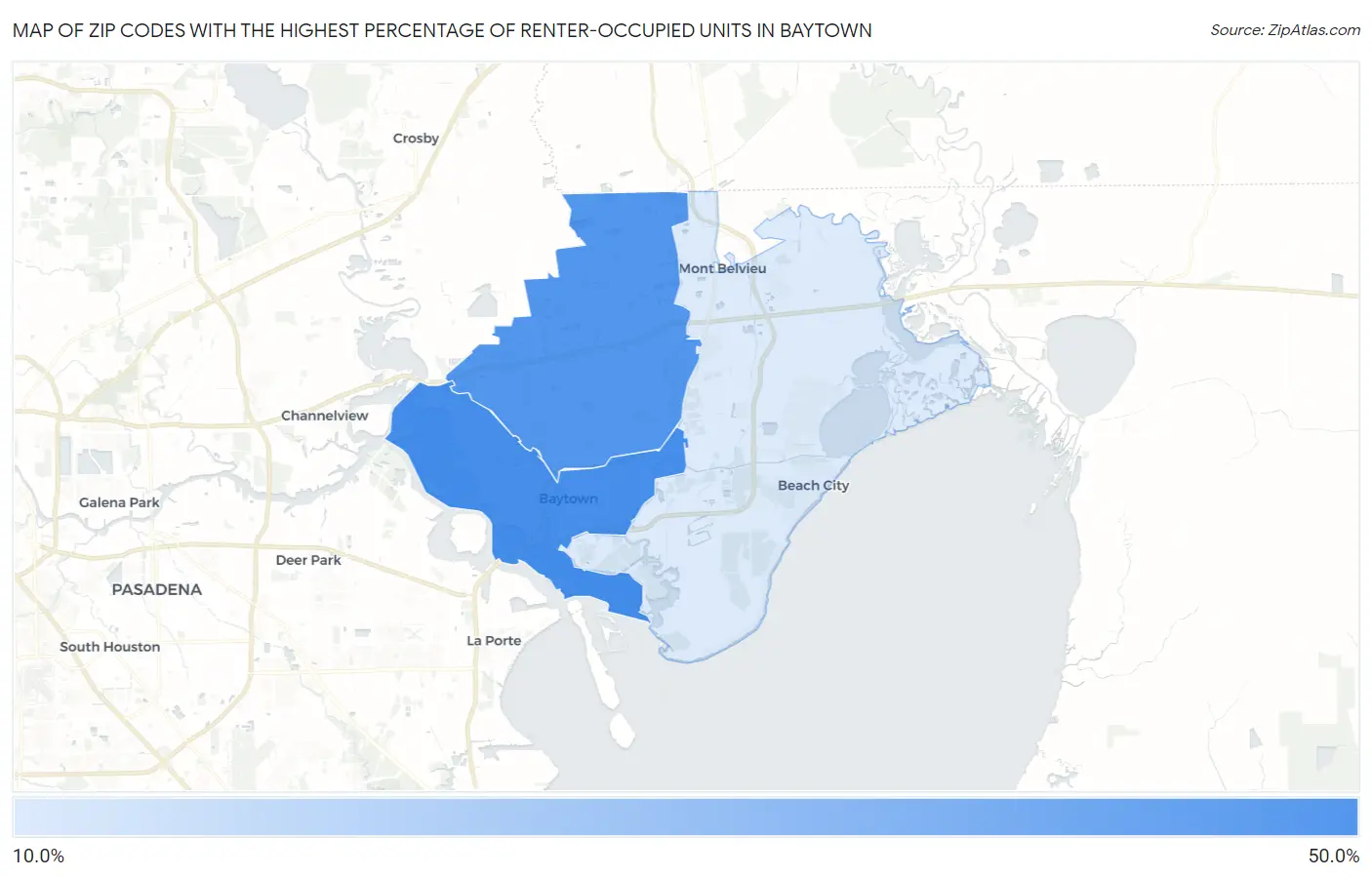 Zip Codes with the Highest Percentage of Renter-Occupied Units in Baytown Map