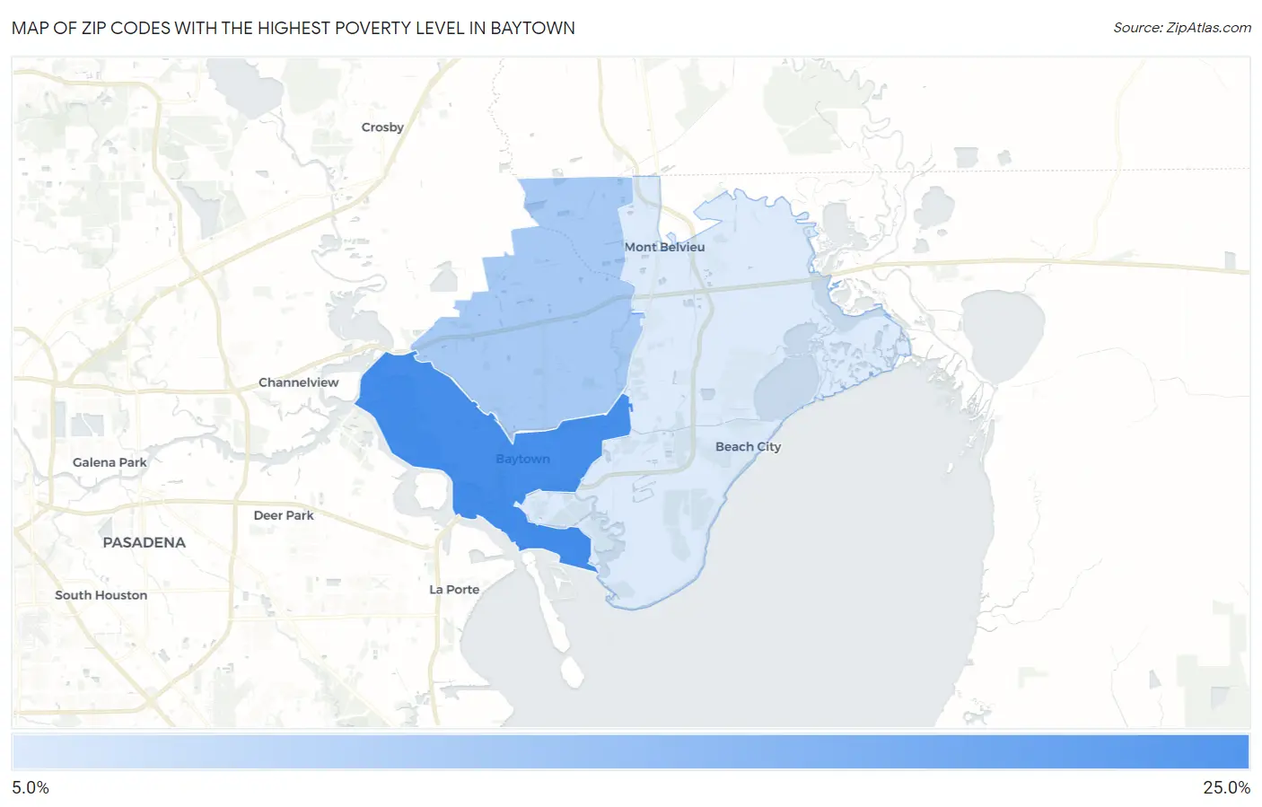 Zip Codes with the Highest Poverty Level in Baytown Map