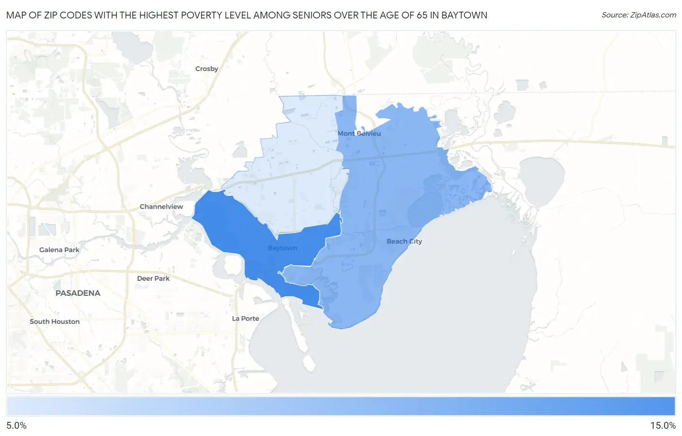 Zip Codes with the Highest Poverty Level Among Seniors Over the Age of 65 in Baytown Map