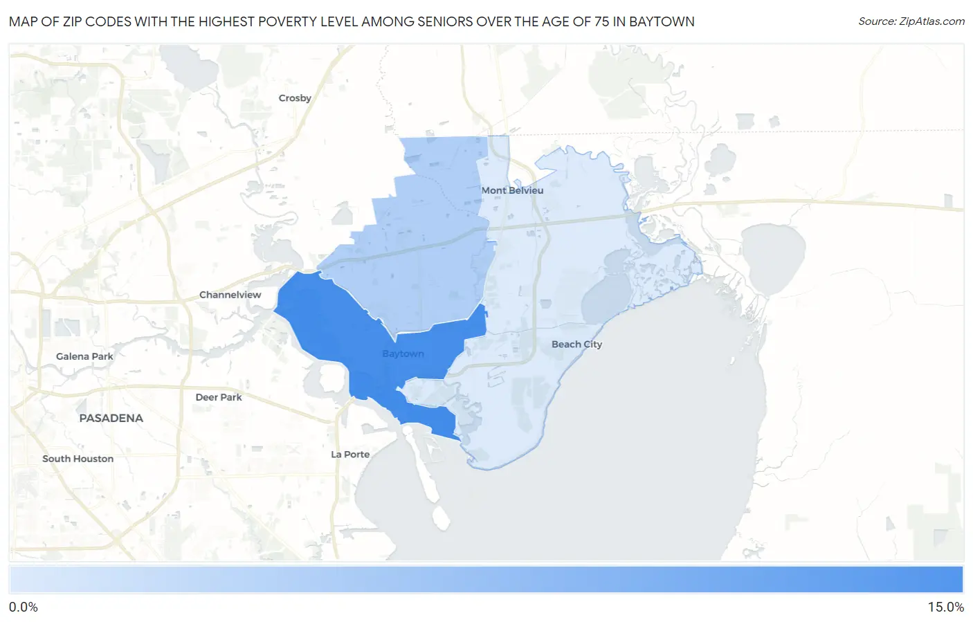 Zip Codes with the Highest Poverty Level Among Seniors Over the Age of 75 in Baytown Map