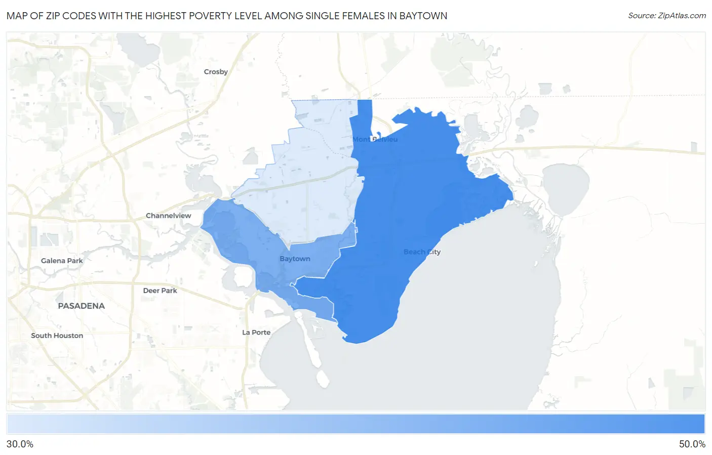 Zip Codes with the Highest Poverty Level Among Single Females in Baytown Map