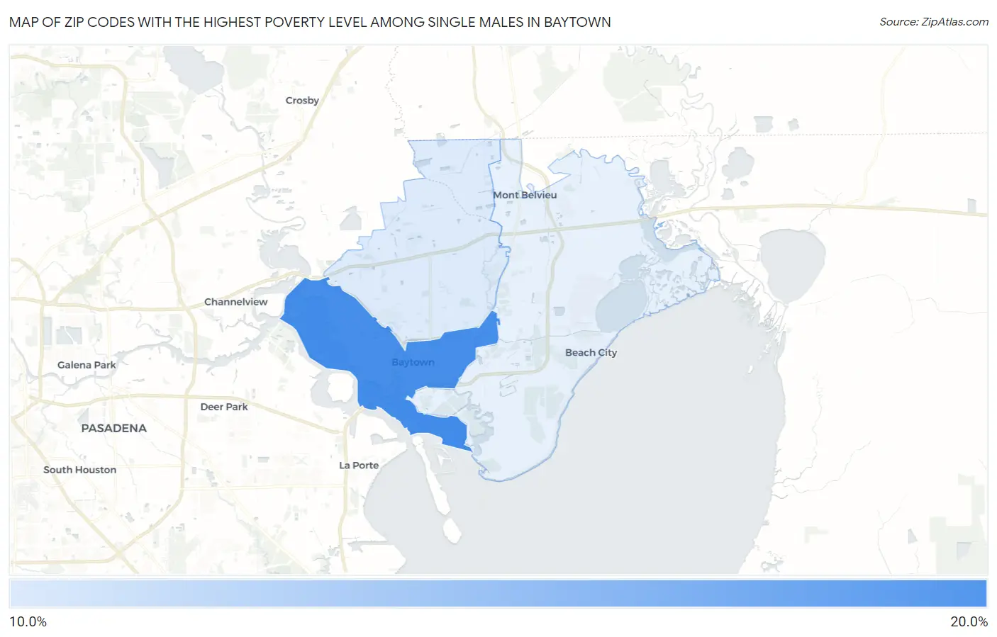 Zip Codes with the Highest Poverty Level Among Single Males in Baytown Map