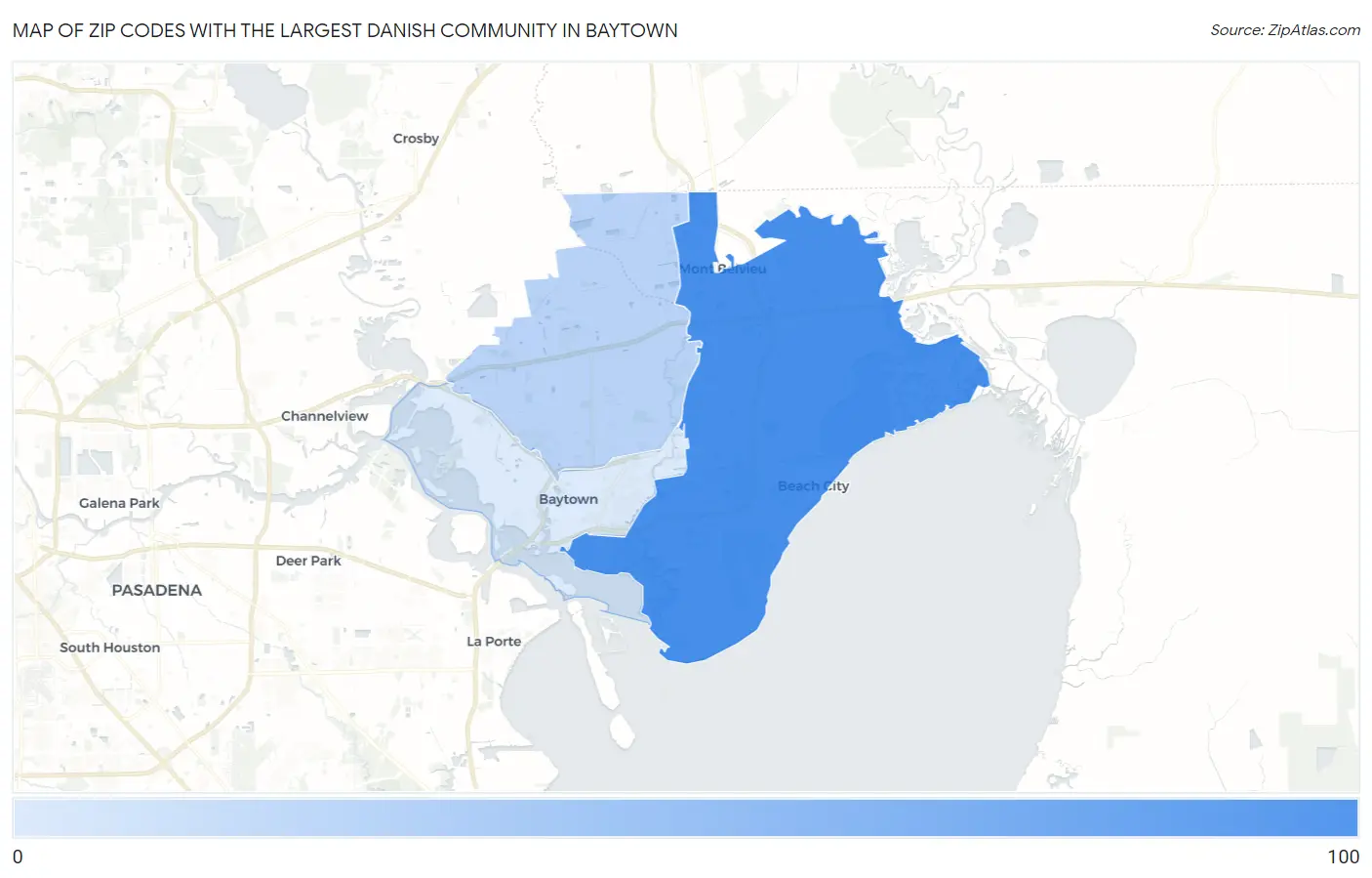 Zip Codes with the Largest Danish Community in Baytown Map