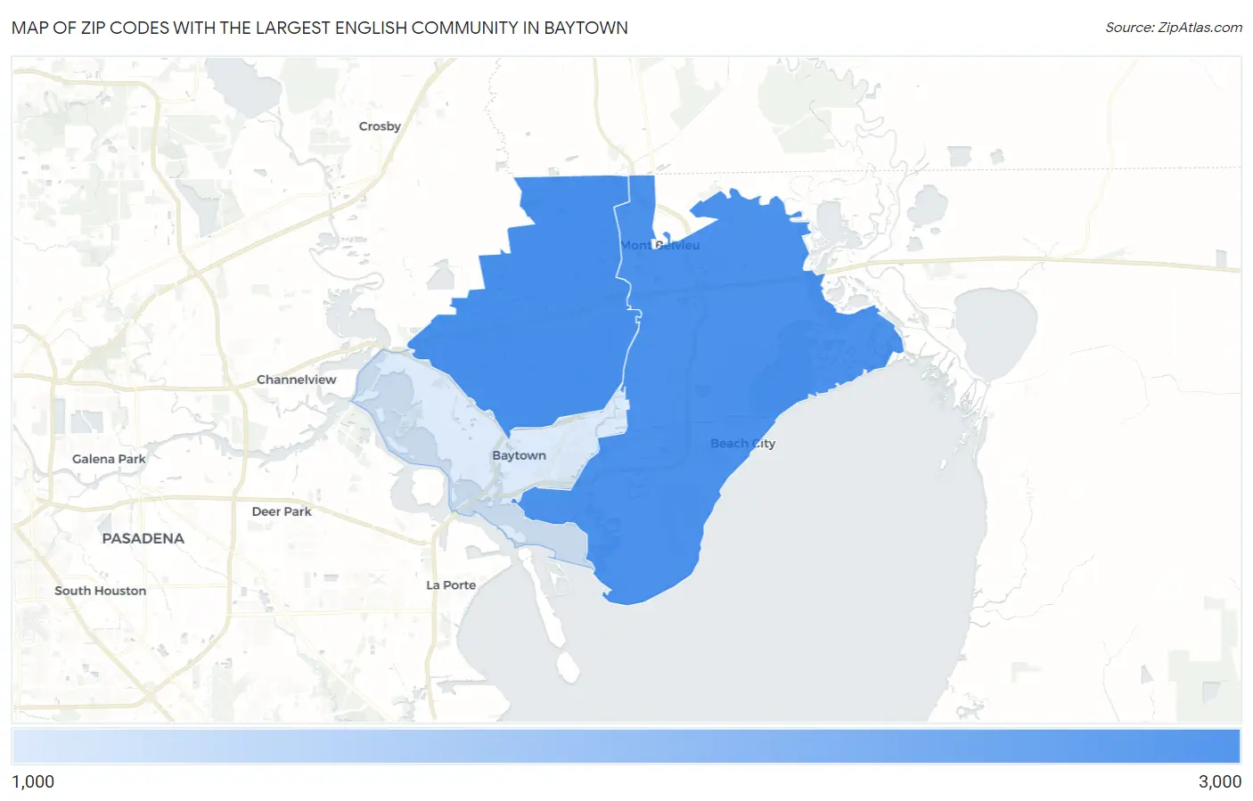 Zip Codes with the Largest English Community in Baytown Map