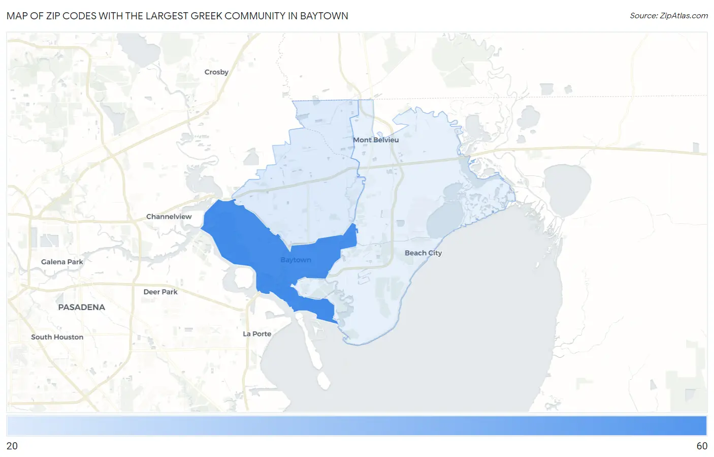 Zip Codes with the Largest Greek Community in Baytown Map