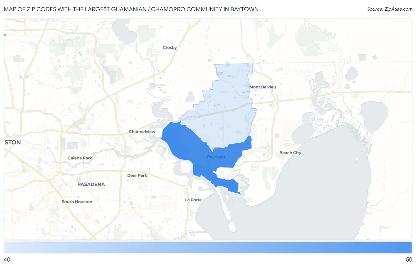 Zip Codes with the Largest Guamanian / Chamorro Community in Baytown Map