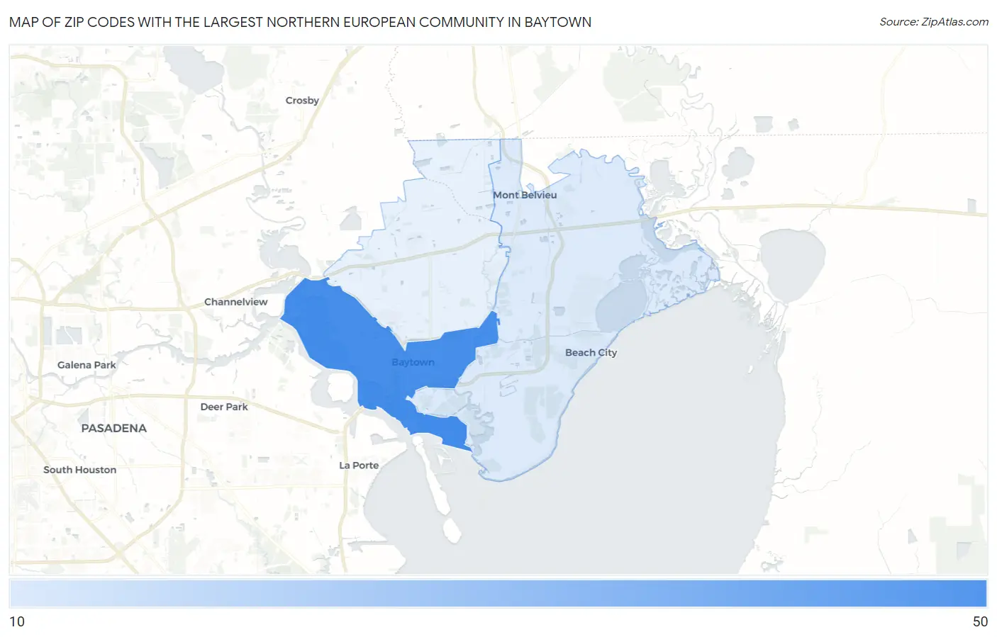 Zip Codes with the Largest Northern European Community in Baytown Map