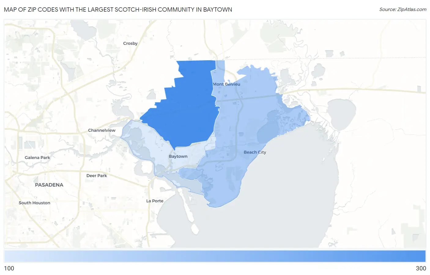 Zip Codes with the Largest Scotch-Irish Community in Baytown Map