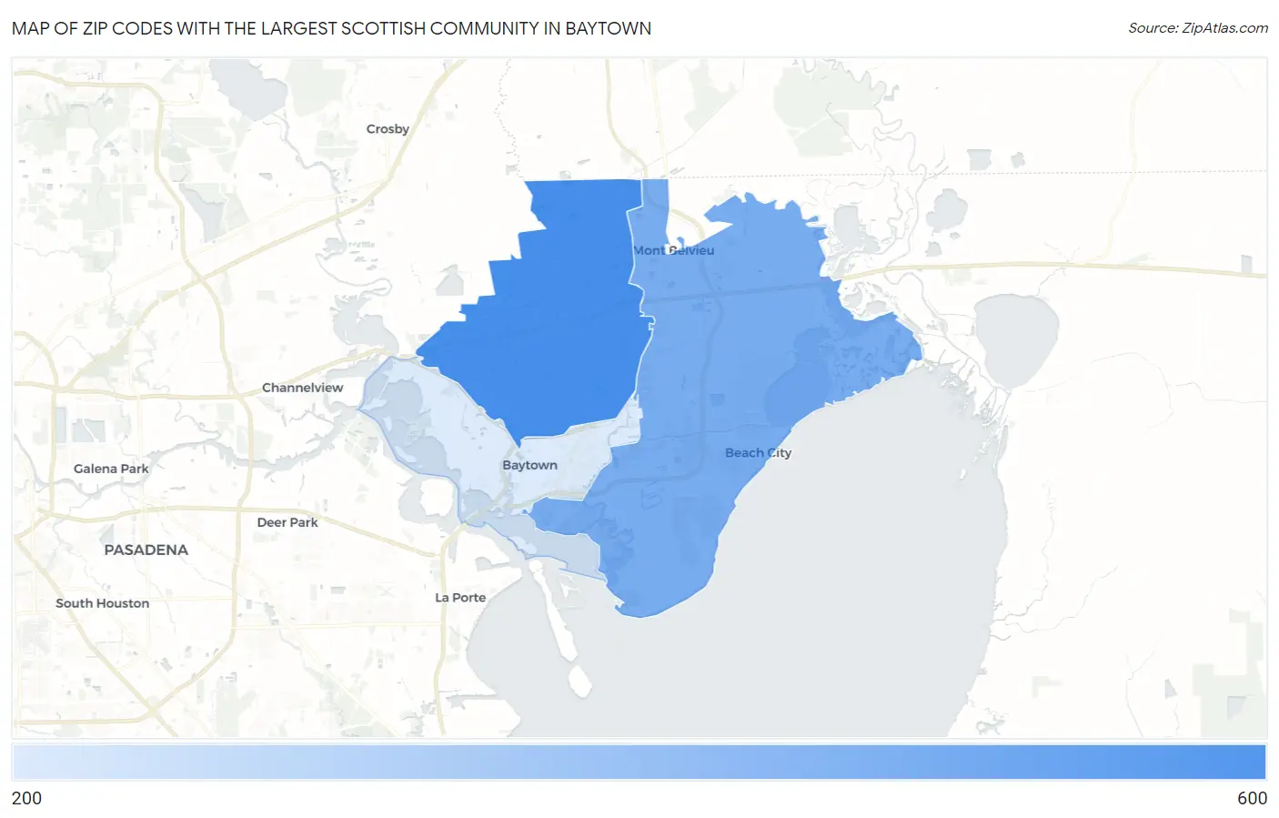 Zip Codes with the Largest Scottish Community in Baytown Map