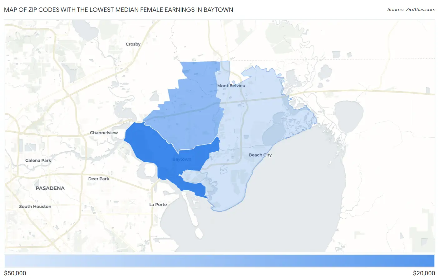 Zip Codes with the Lowest Median Female Earnings in Baytown Map