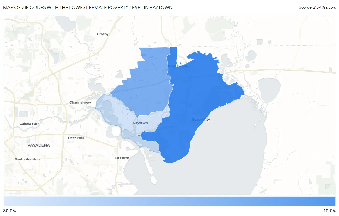 Zip Codes with the Lowest Female Poverty Level in Baytown Map