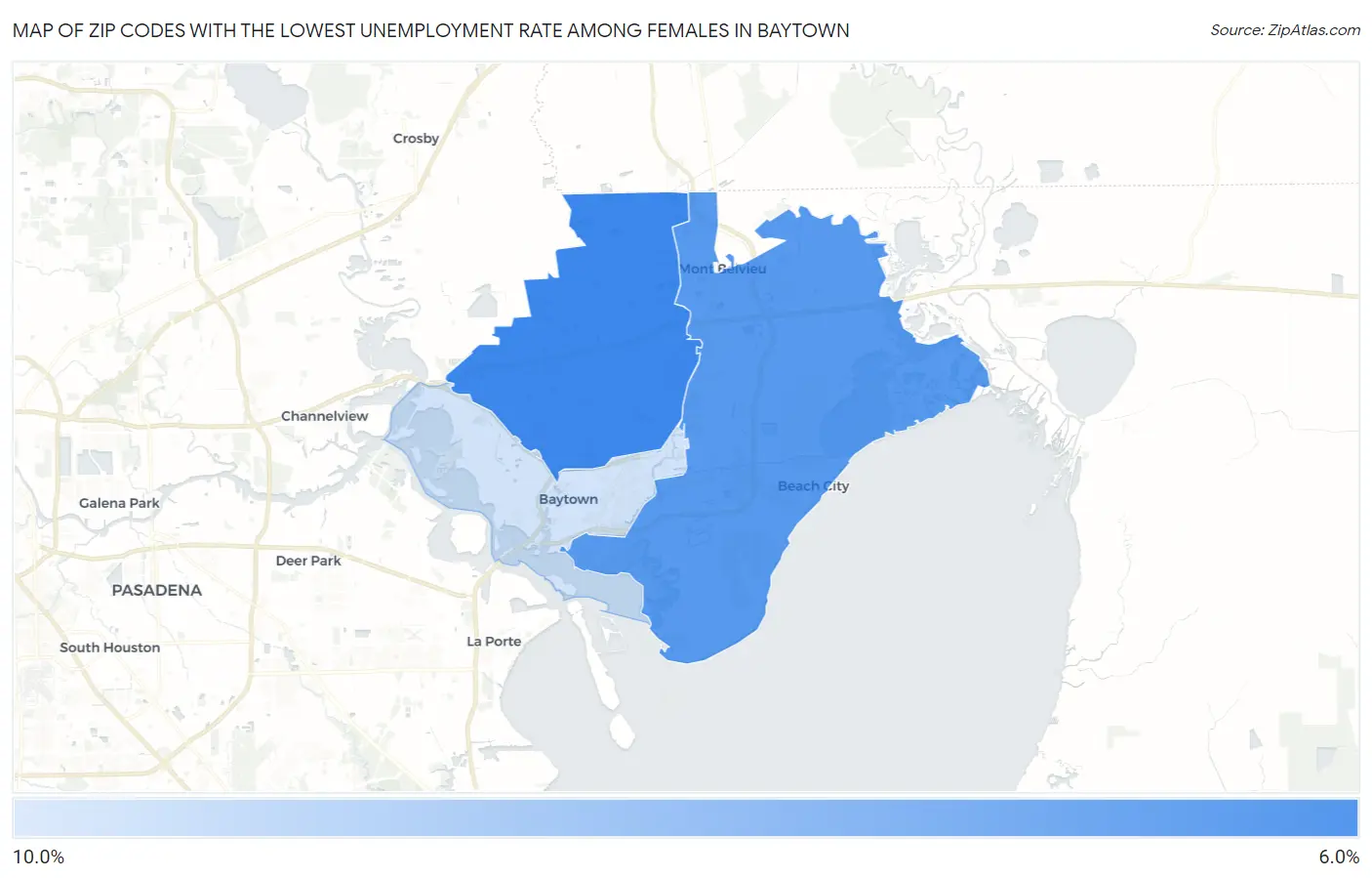 Zip Codes with the Lowest Unemployment Rate Among Females in Baytown Map