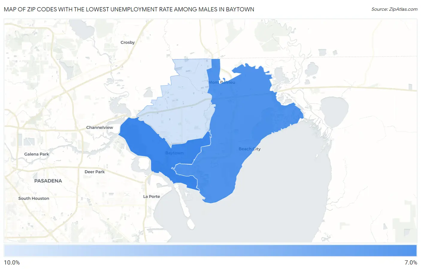 Zip Codes with the Lowest Unemployment Rate Among Males in Baytown Map