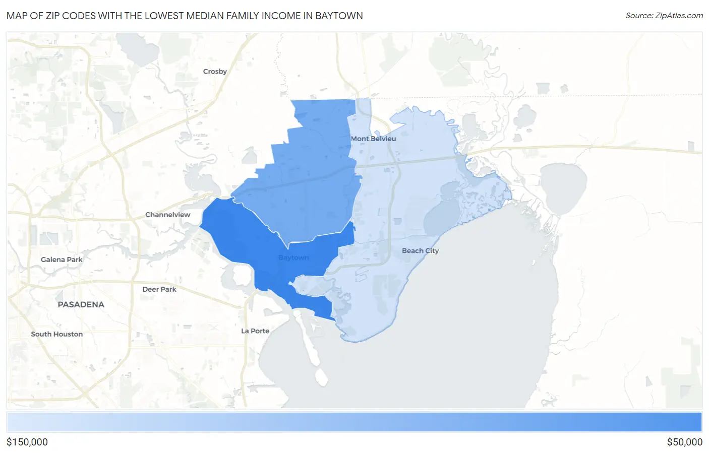 Zip Codes with the Lowest Median Family Income in Baytown Map