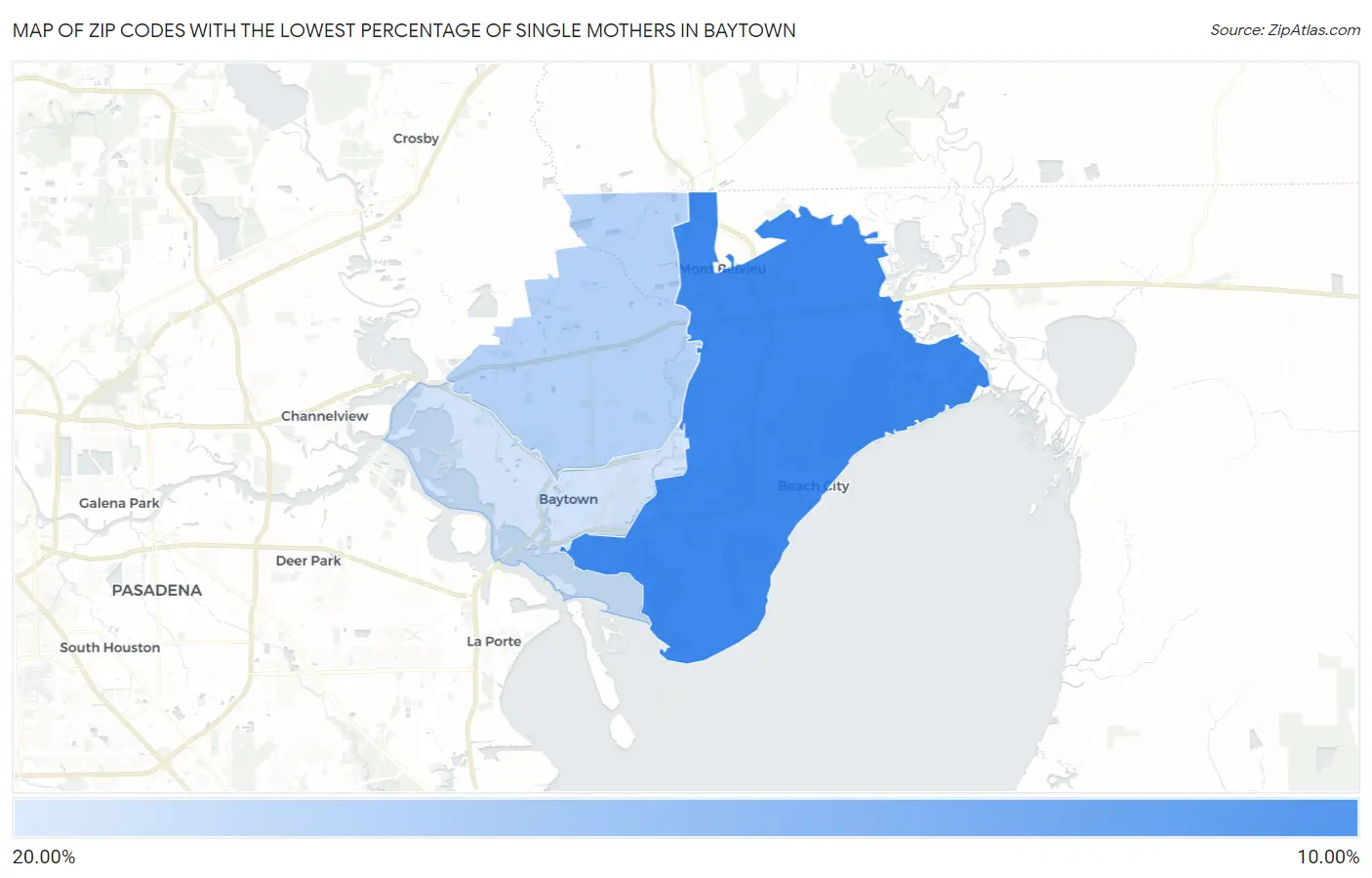 Zip Codes with the Lowest Percentage of Single Mothers in Baytown Map