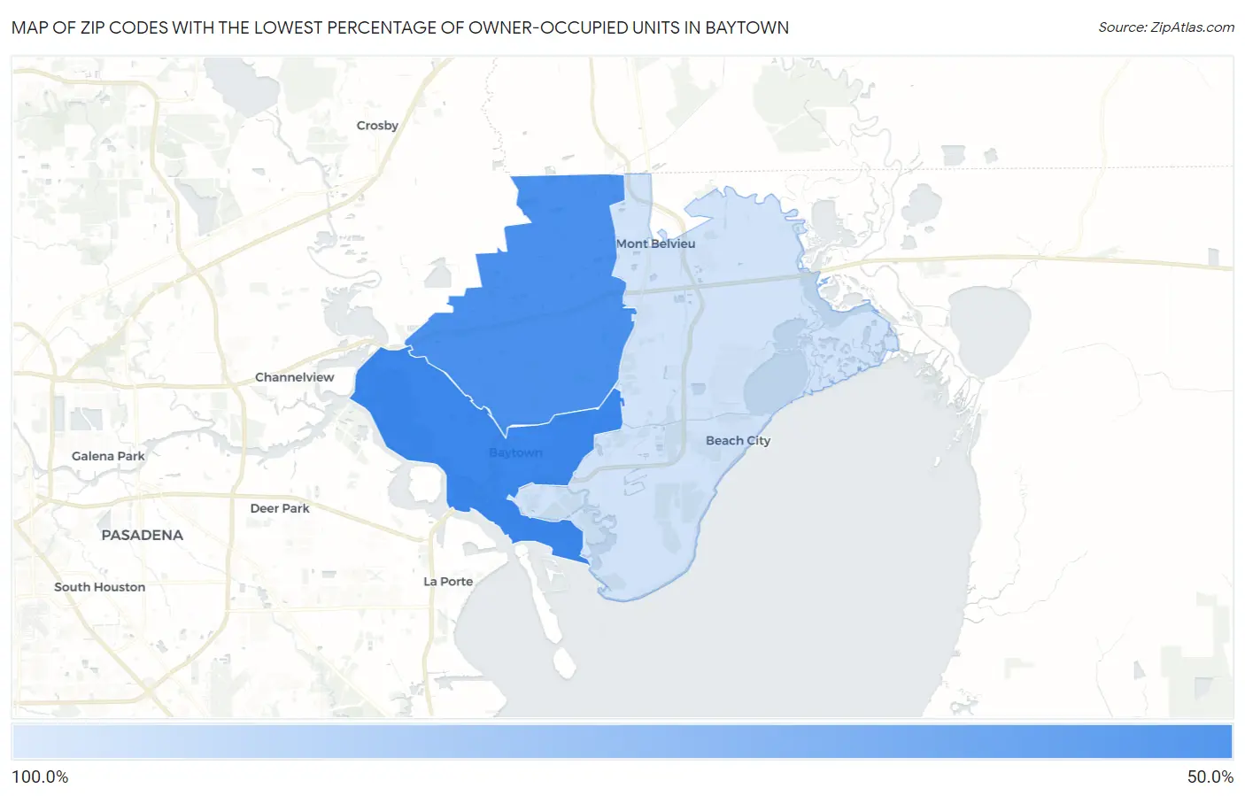 Zip Codes with the Lowest Percentage of Owner-Occupied Units in Baytown Map