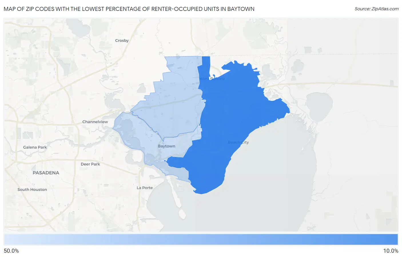 Zip Codes with the Lowest Percentage of Renter-Occupied Units in Baytown Map