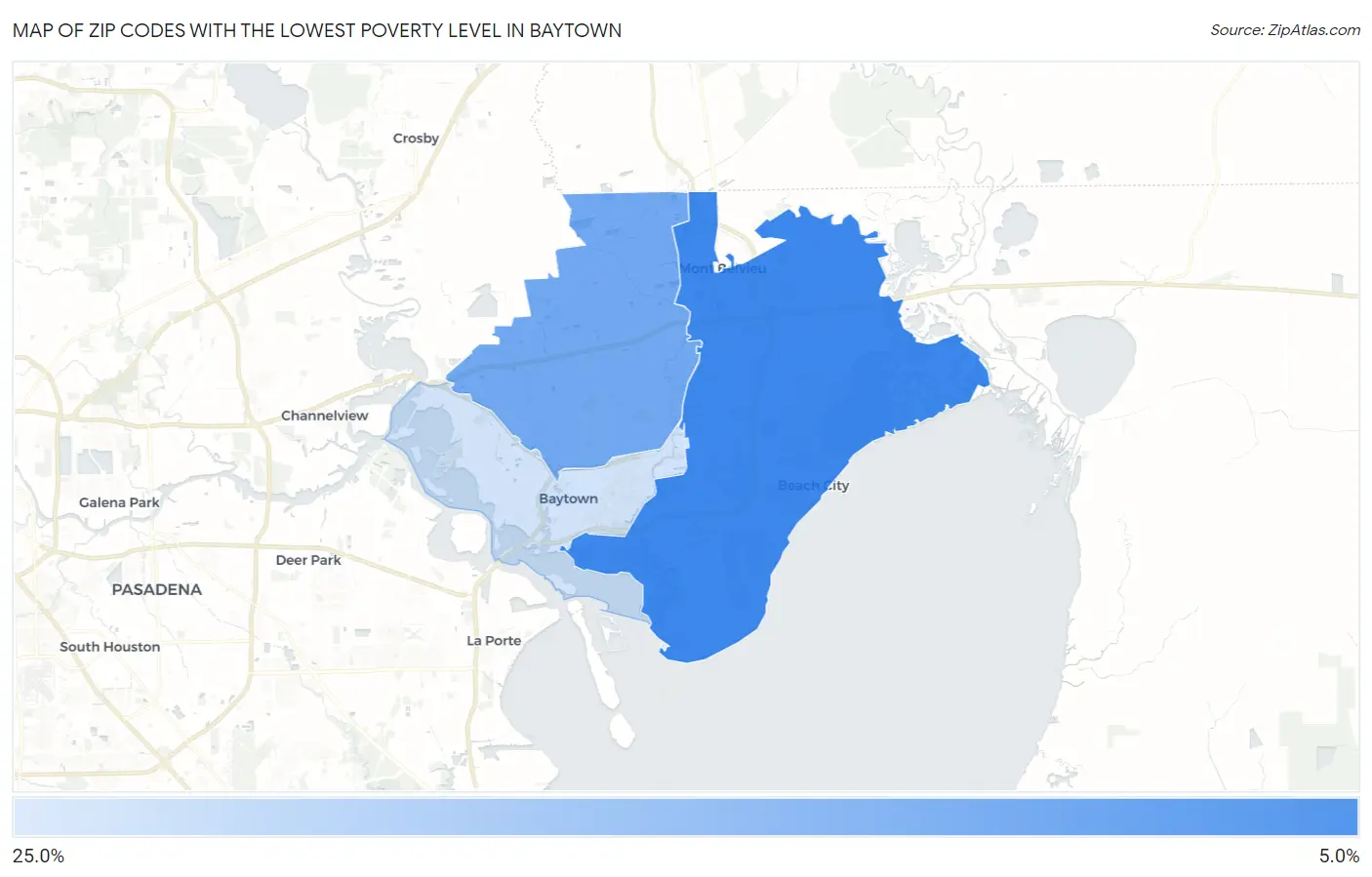 Zip Codes with the Lowest Poverty Level in Baytown Map