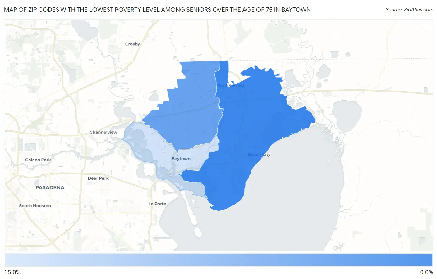 Zip Codes with the Lowest Poverty Level Among Seniors Over the Age of 75 in Baytown Map
