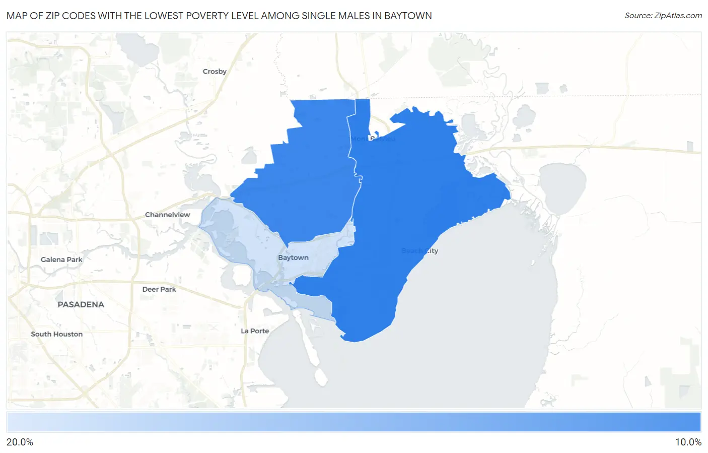 Zip Codes with the Lowest Poverty Level Among Single Males in Baytown Map