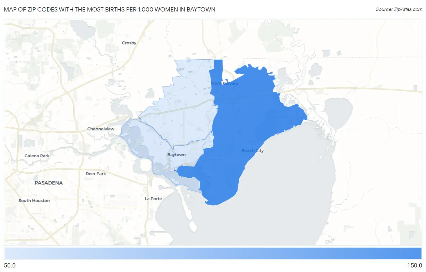 Zip Codes with the Most Births per 1,000 Women in Baytown Map