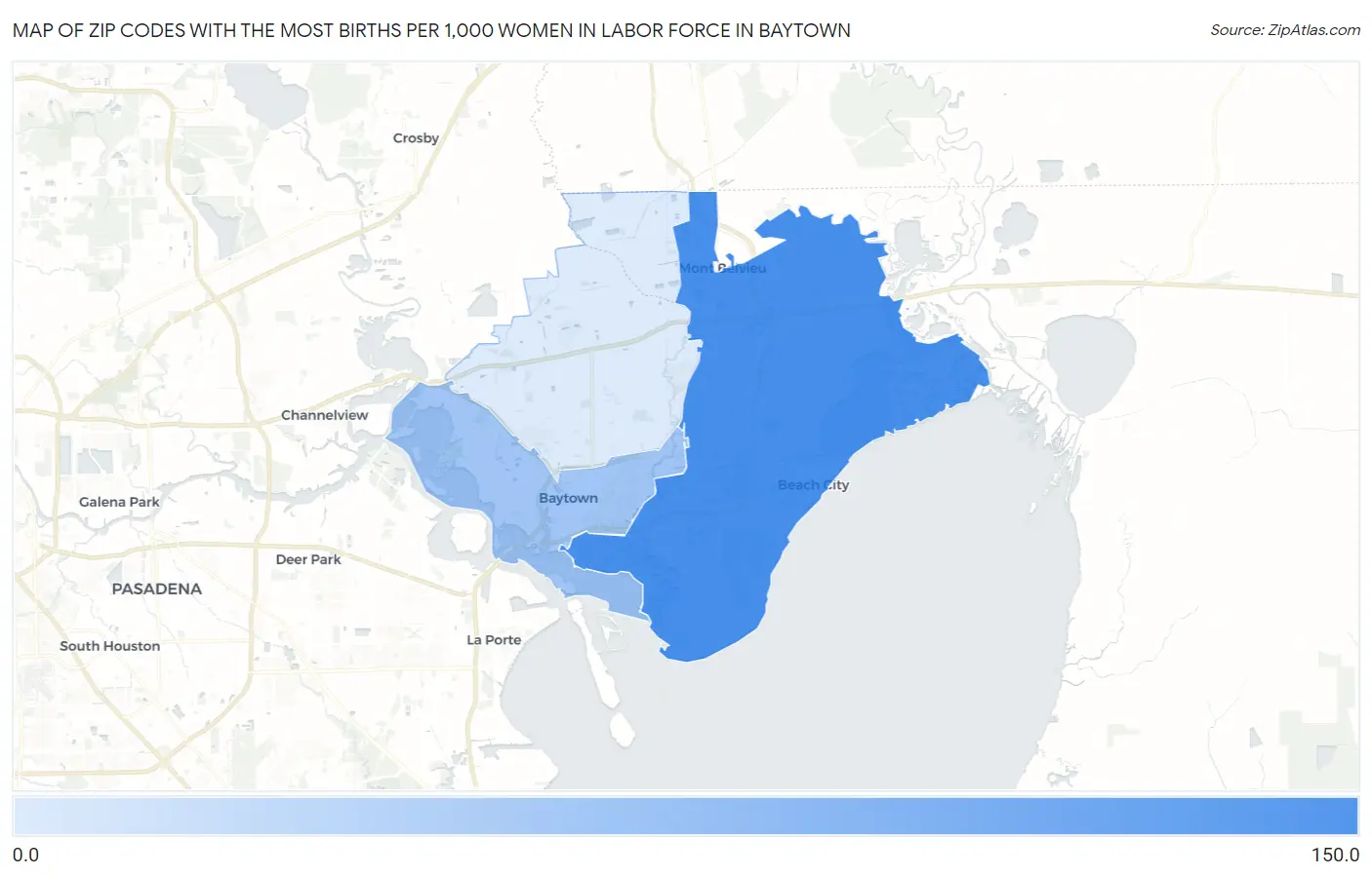 Zip Codes with the Most Births per 1,000 Women in Labor Force in Baytown Map