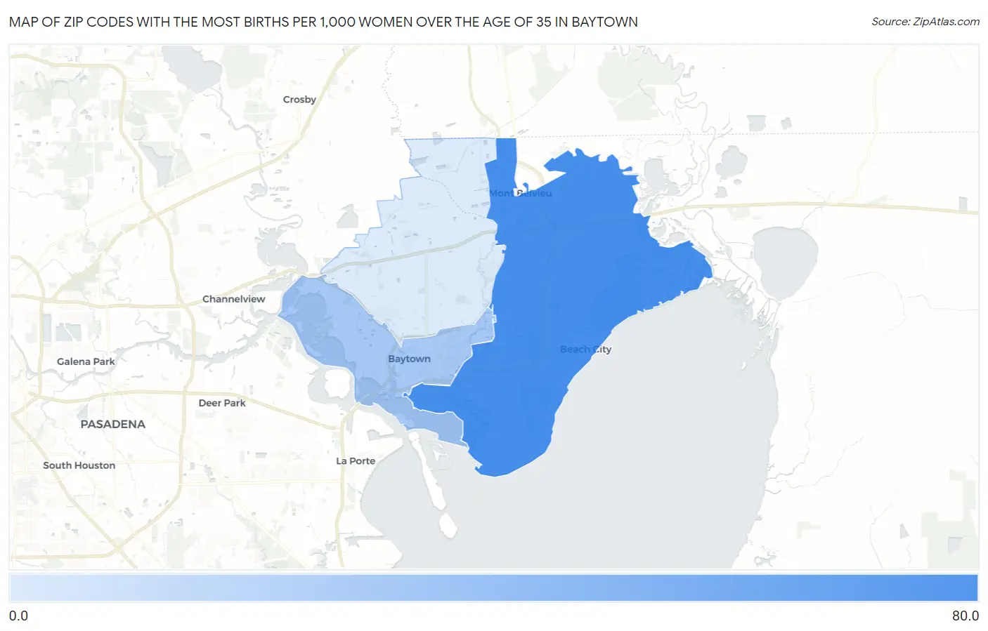 Zip Codes with the Most Births per 1,000 Women Over the Age of 35 in Baytown Map