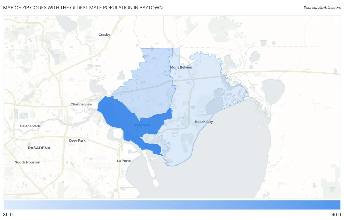 Zip Codes with the Oldest Male Population in Baytown Map