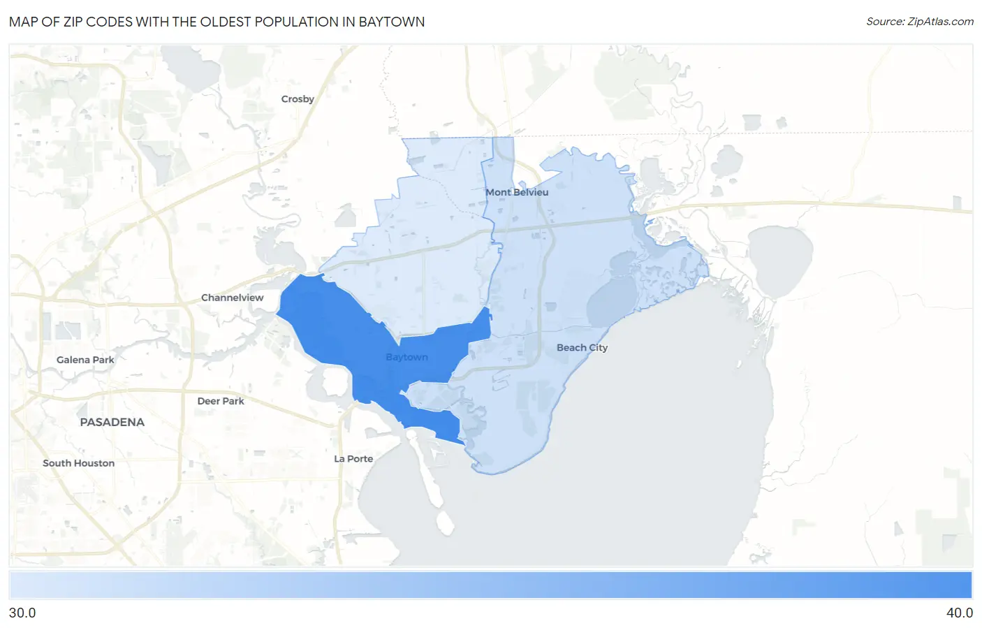 Zip Codes with the Oldest Population in Baytown Map