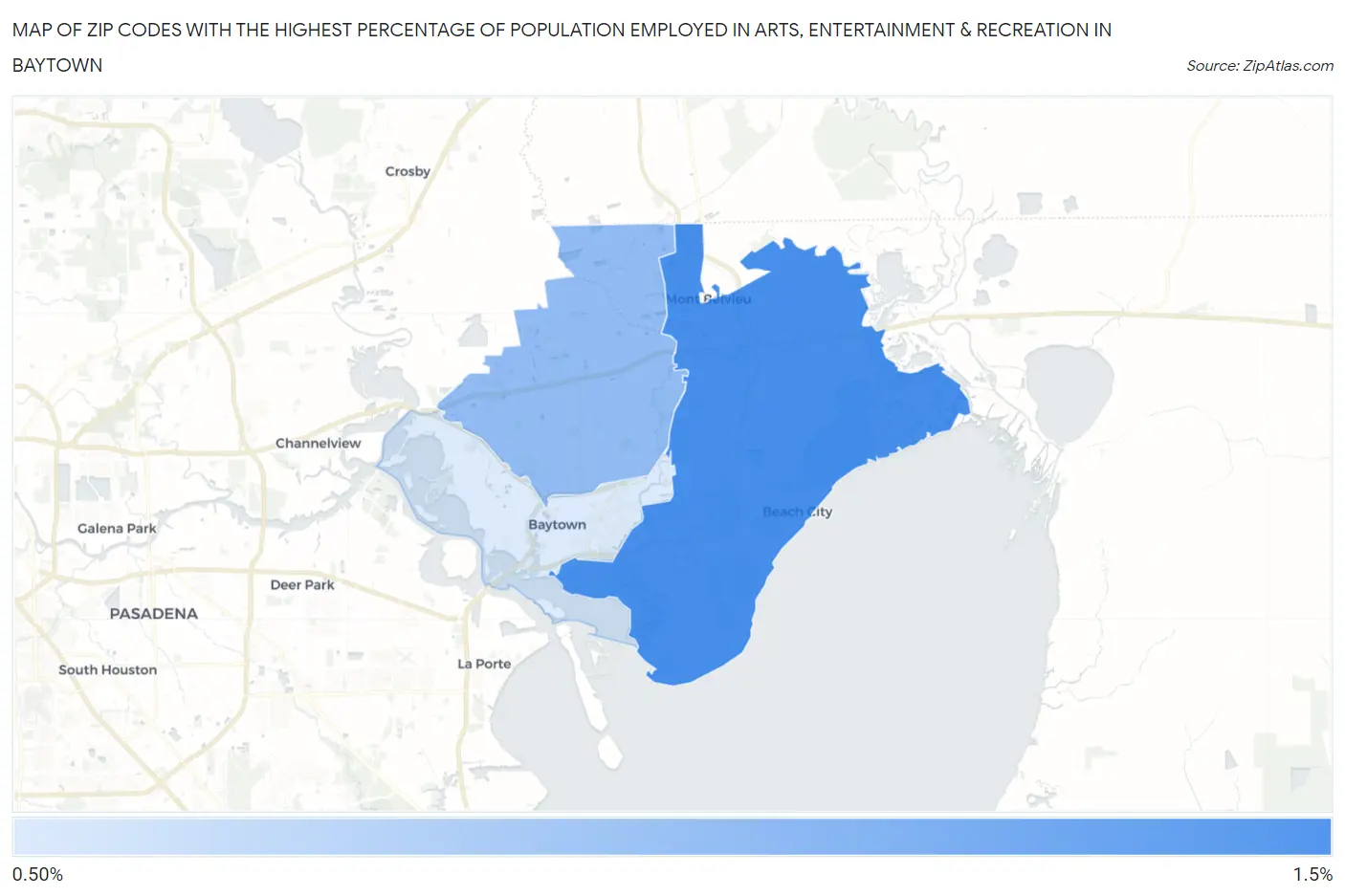 Zip Codes with the Highest Percentage of Population Employed in Arts, Entertainment & Recreation in Baytown Map