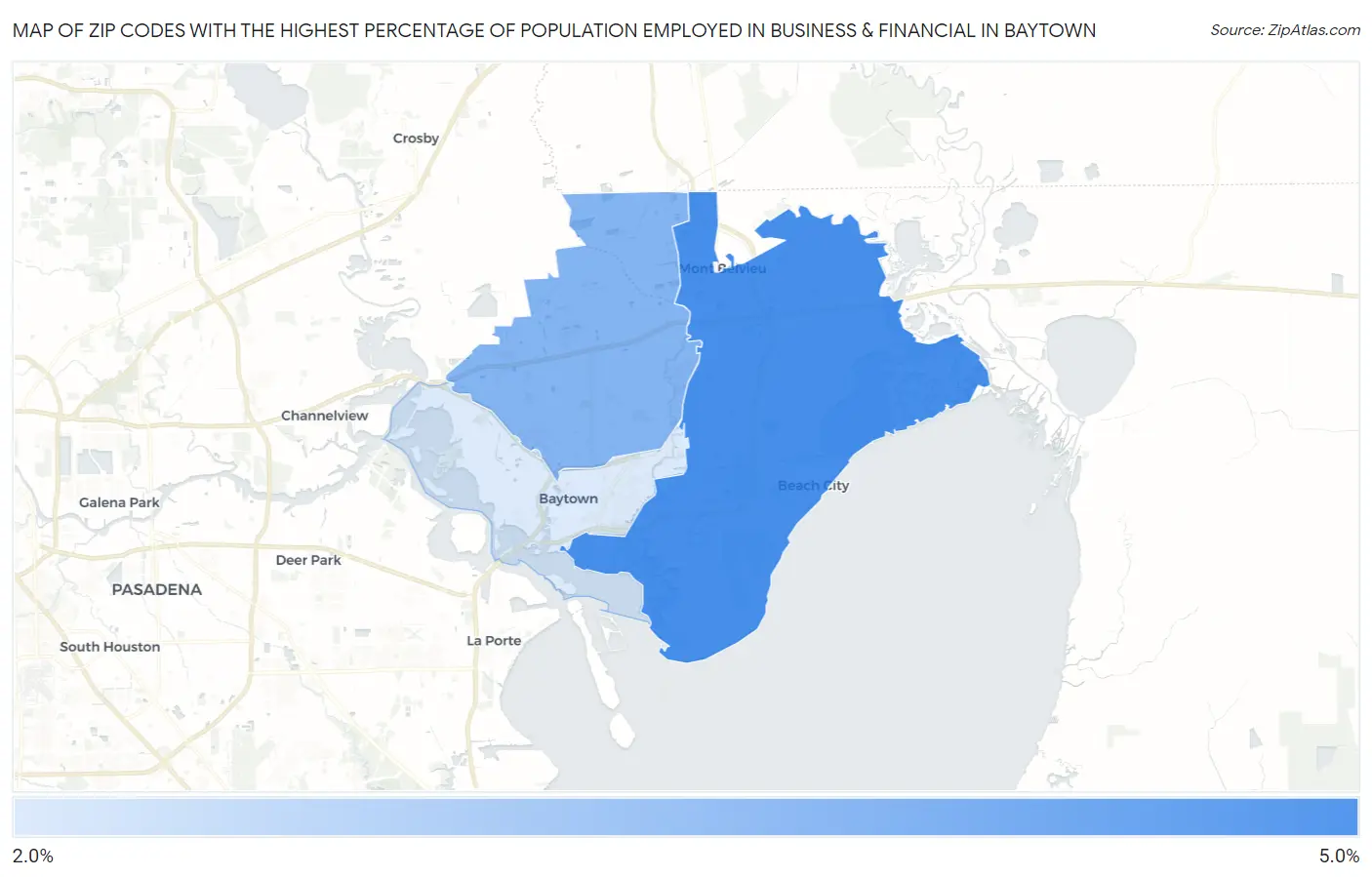 Zip Codes with the Highest Percentage of Population Employed in Business & Financial in Baytown Map