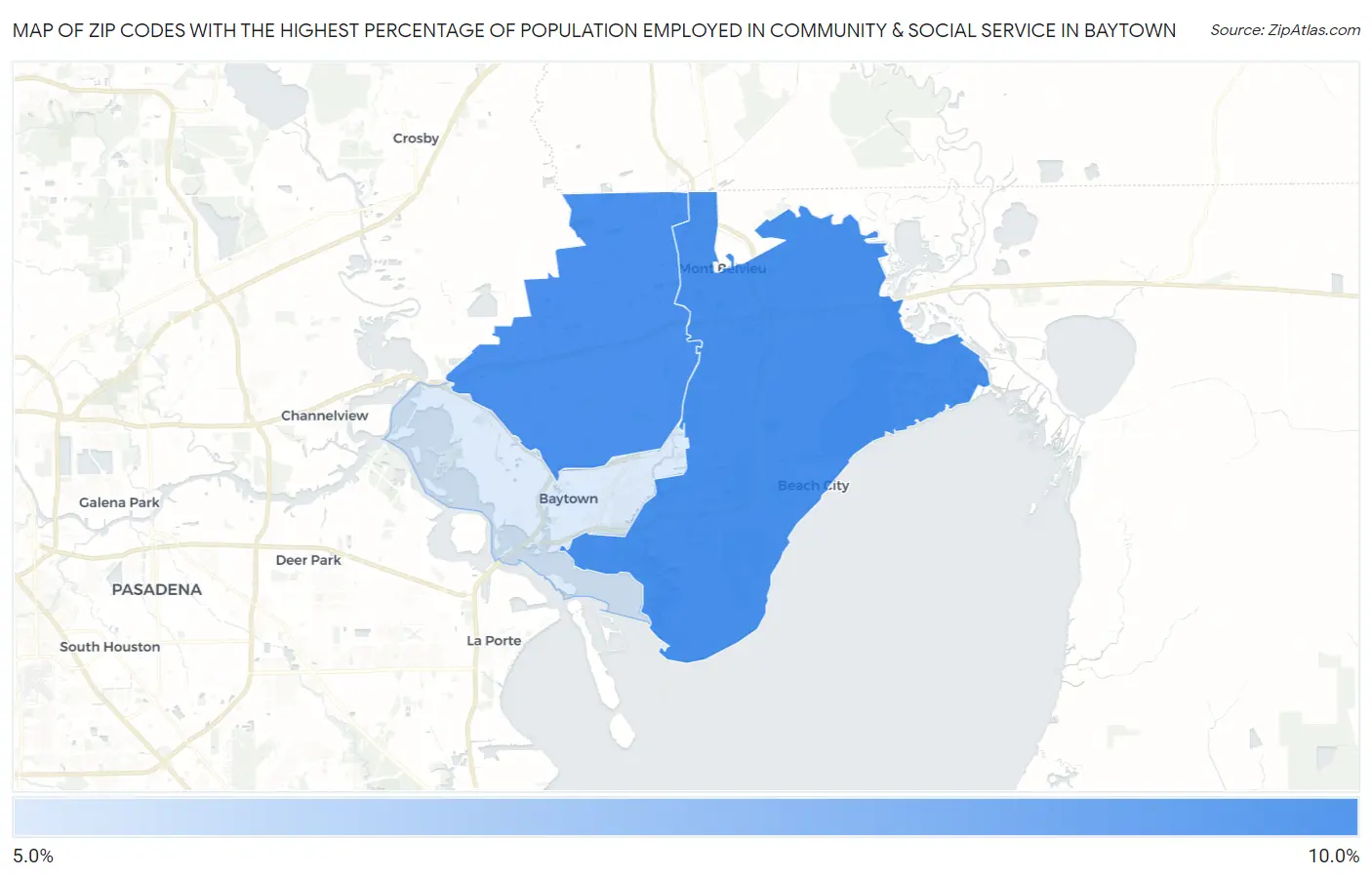 Zip Codes with the Highest Percentage of Population Employed in Community & Social Service  in Baytown Map