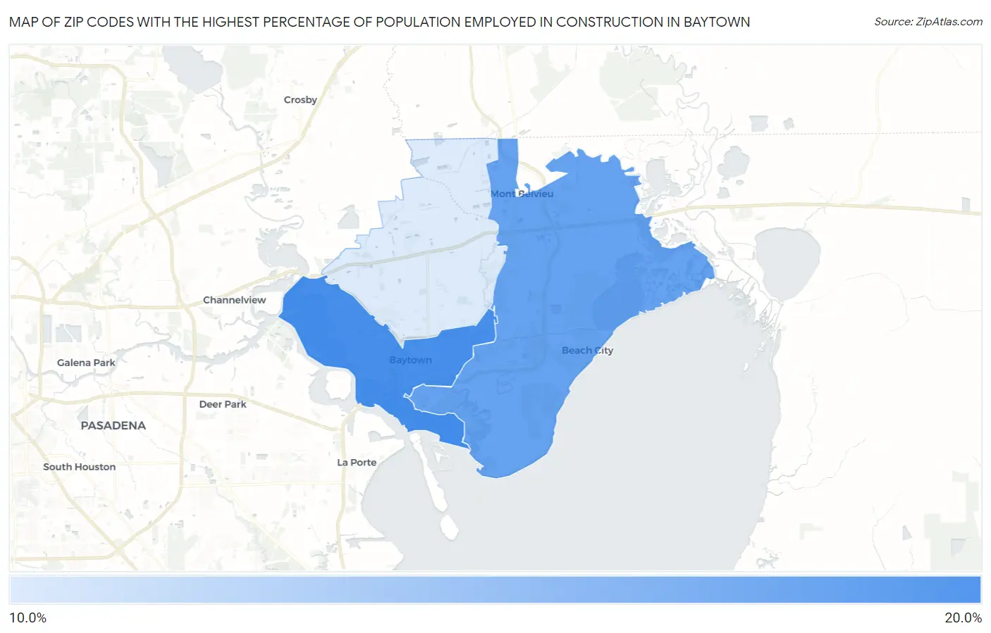 Zip Codes with the Highest Percentage of Population Employed in Construction in Baytown Map