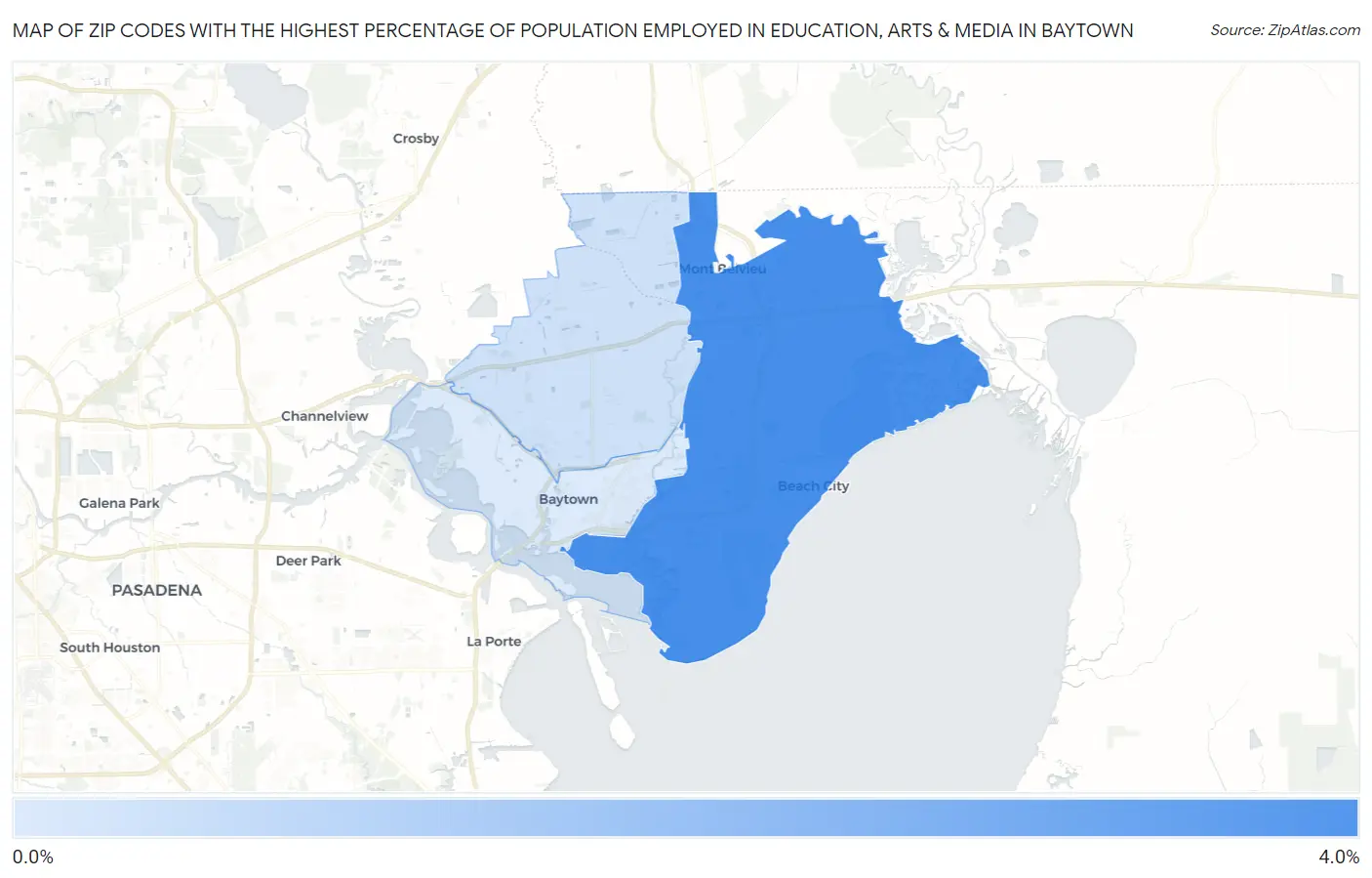 Zip Codes with the Highest Percentage of Population Employed in Education, Arts & Media in Baytown Map