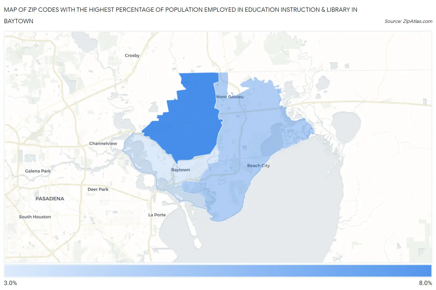 Zip Codes with the Highest Percentage of Population Employed in Education Instruction & Library in Baytown Map
