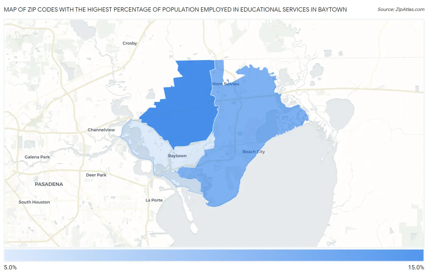 Zip Codes with the Highest Percentage of Population Employed in Educational Services in Baytown Map
