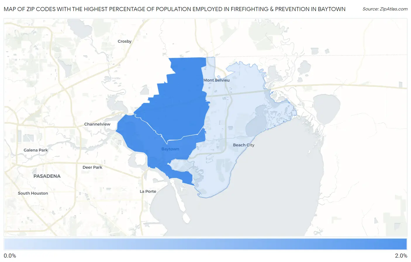 Zip Codes with the Highest Percentage of Population Employed in Firefighting & Prevention in Baytown Map
