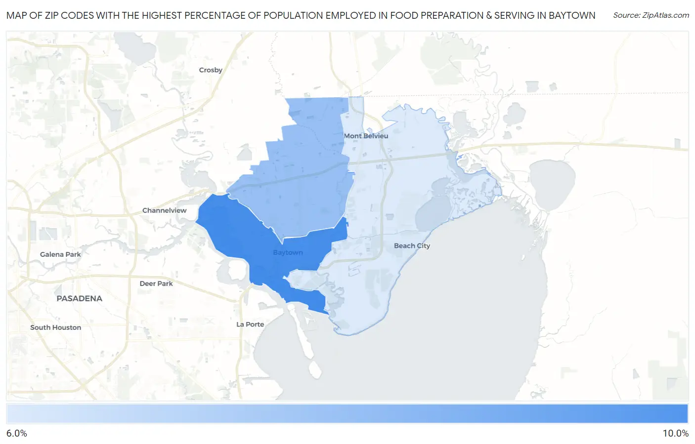 Zip Codes with the Highest Percentage of Population Employed in Food Preparation & Serving in Baytown Map