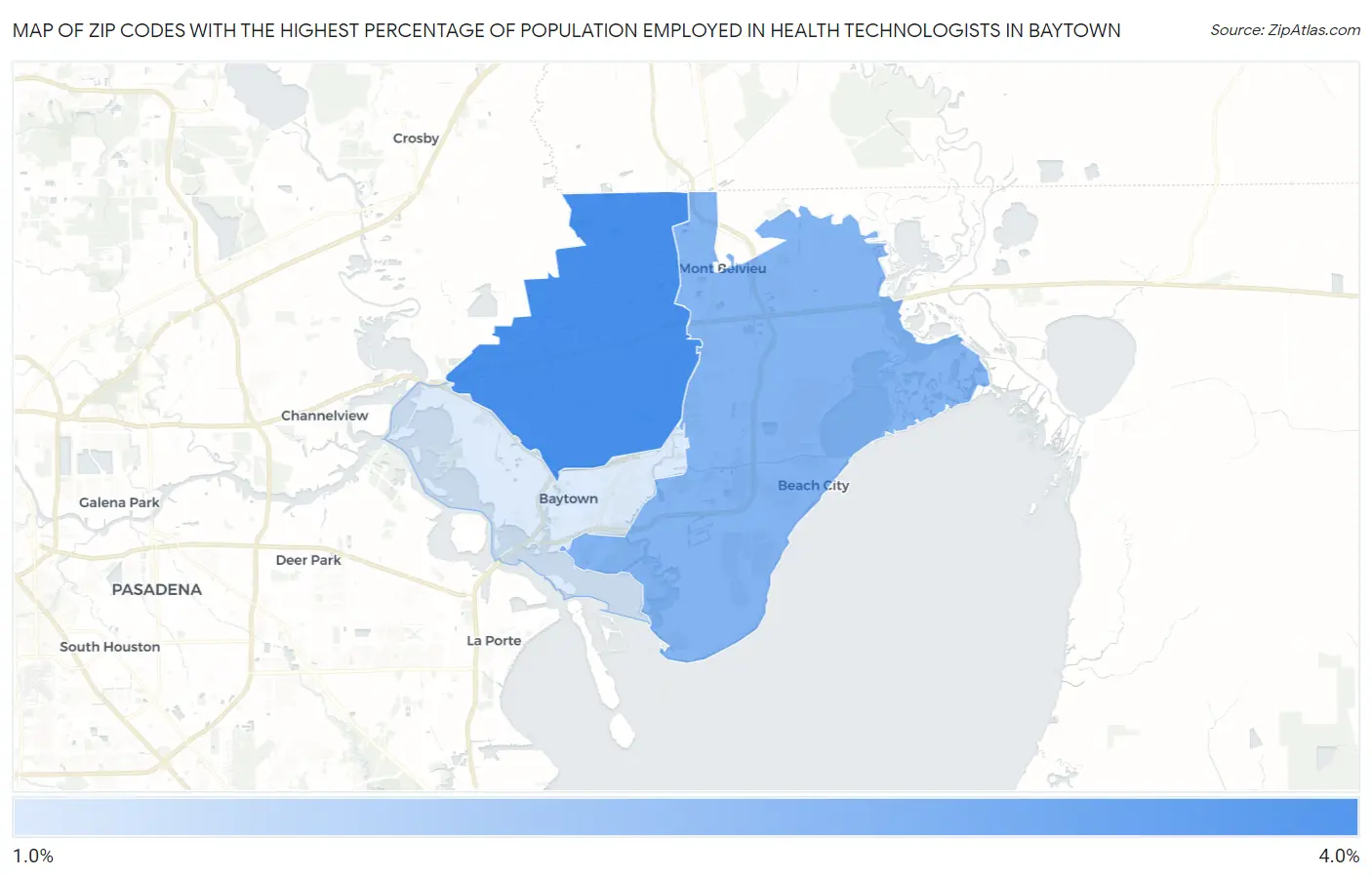 Zip Codes with the Highest Percentage of Population Employed in Health Technologists in Baytown Map