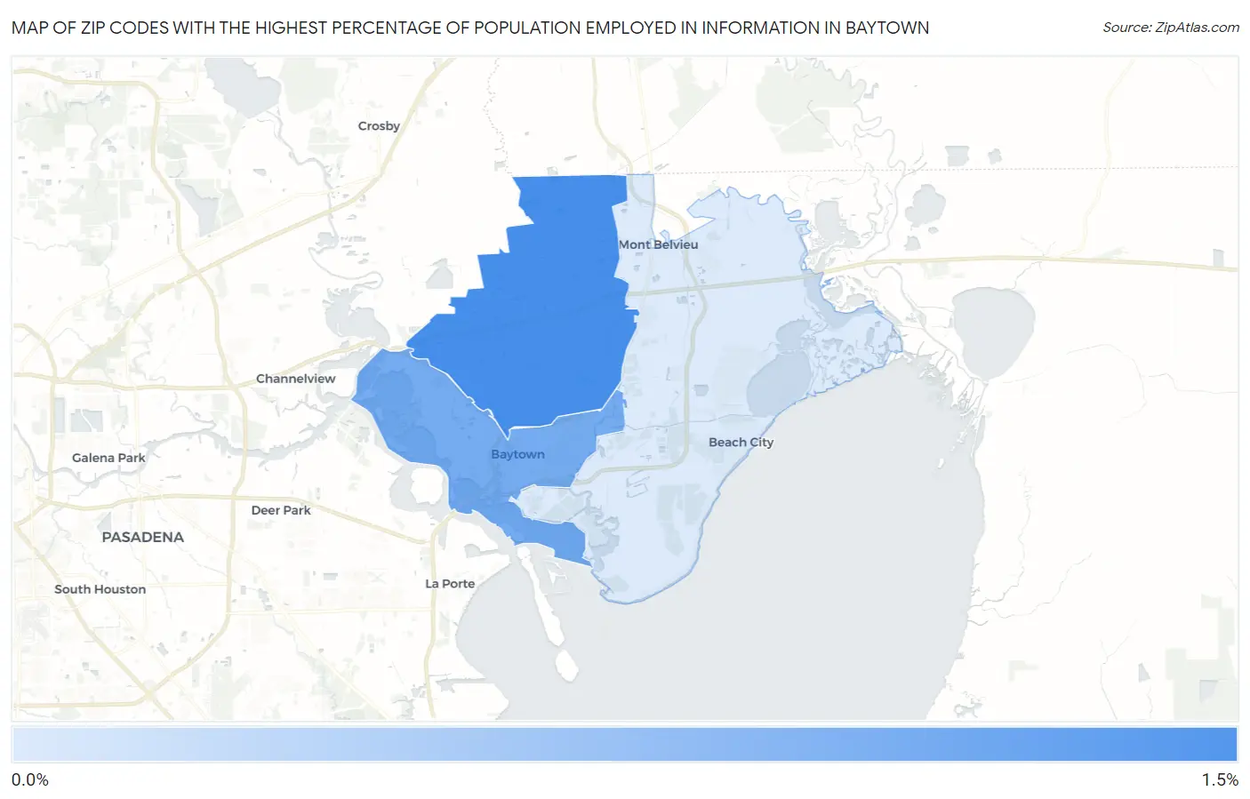 Zip Codes with the Highest Percentage of Population Employed in Information in Baytown Map