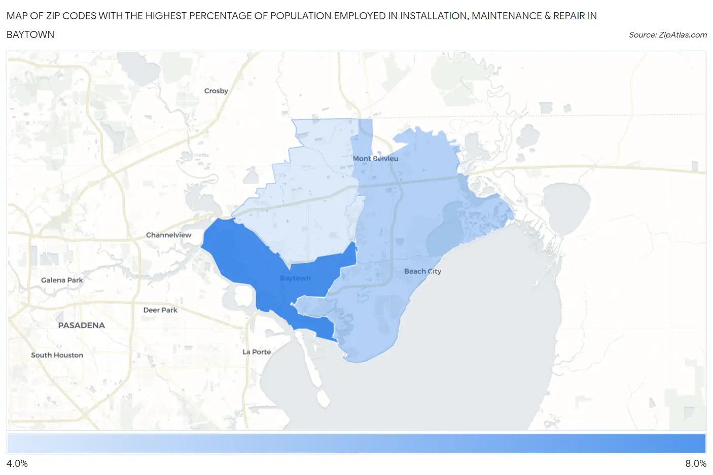 Zip Codes with the Highest Percentage of Population Employed in Installation, Maintenance & Repair in Baytown Map