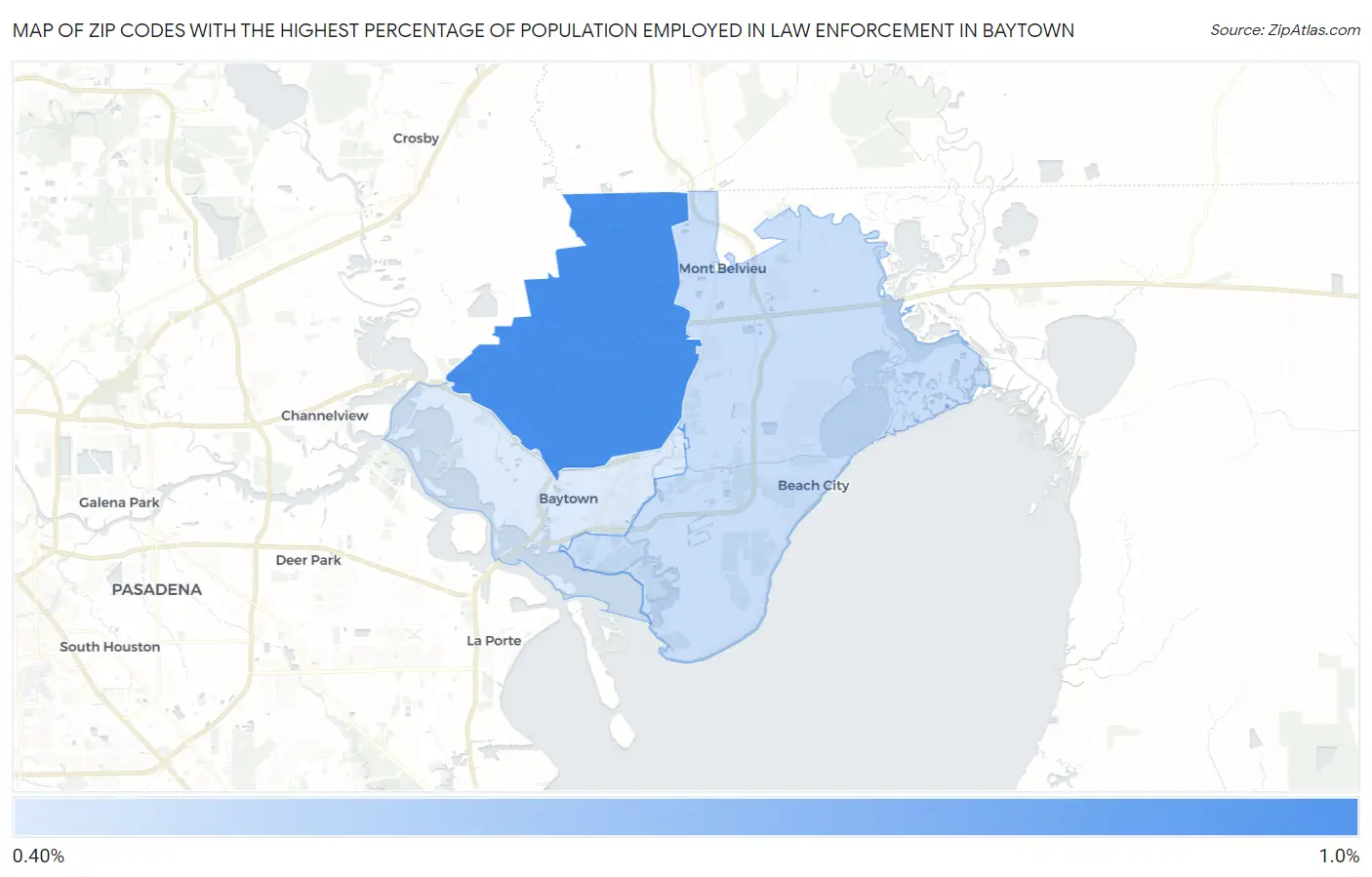 Zip Codes with the Highest Percentage of Population Employed in Law Enforcement in Baytown Map