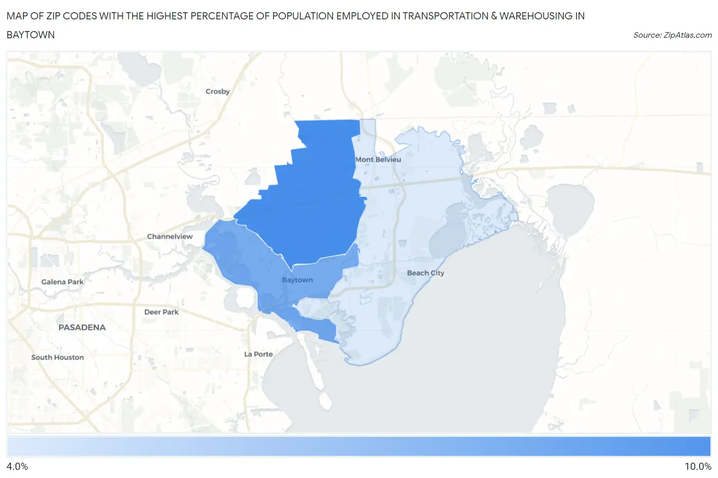 Zip Codes with the Highest Percentage of Population Employed in Transportation & Warehousing in Baytown Map