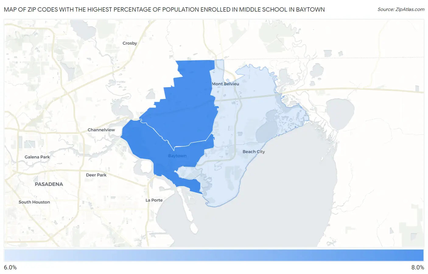 Zip Codes with the Highest Percentage of Population Enrolled in Middle School in Baytown Map