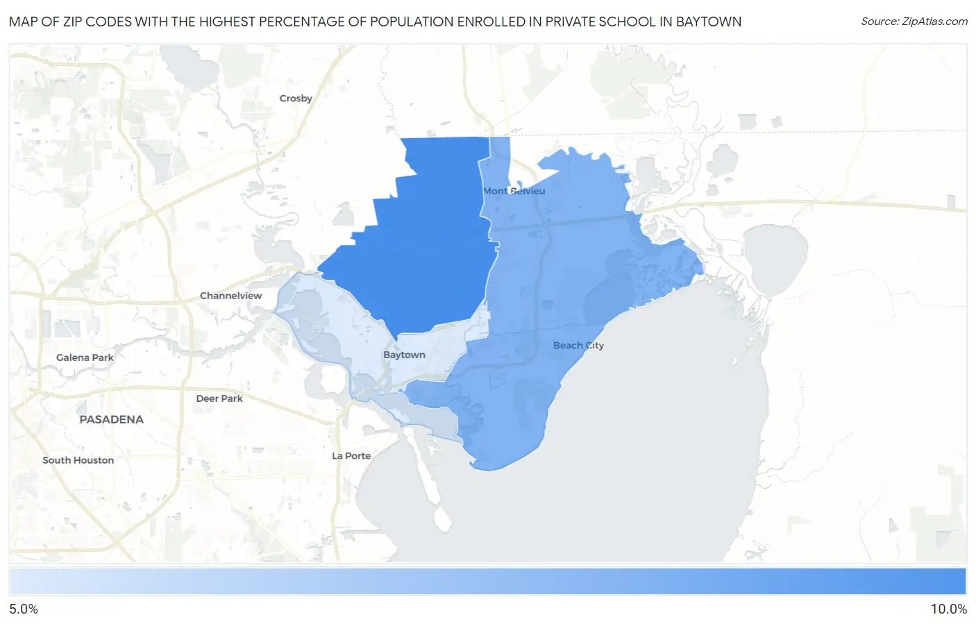 Zip Codes with the Highest Percentage of Population Enrolled in Private School in Baytown Map