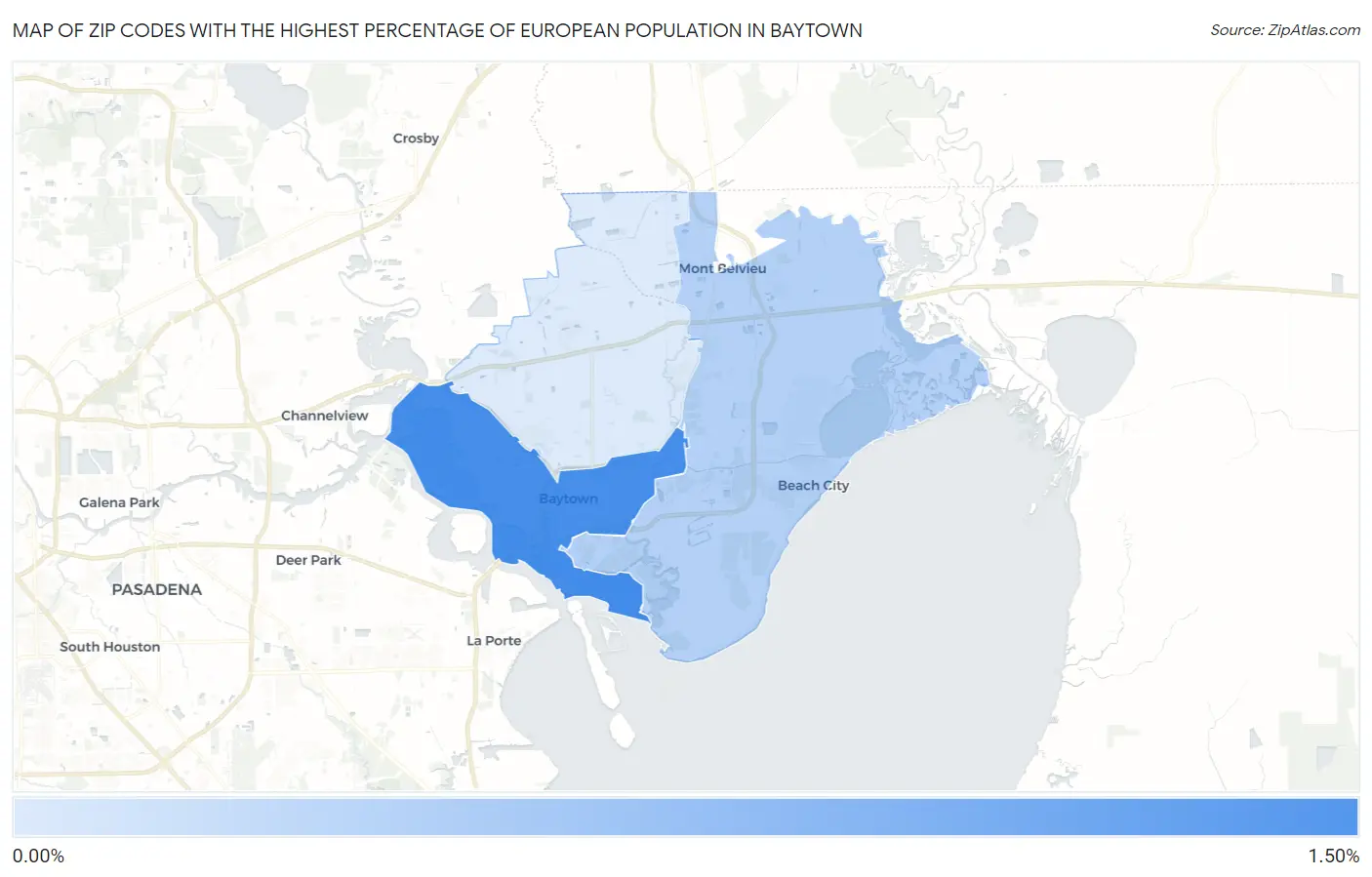 Zip Codes with the Highest Percentage of European Population in Baytown Map