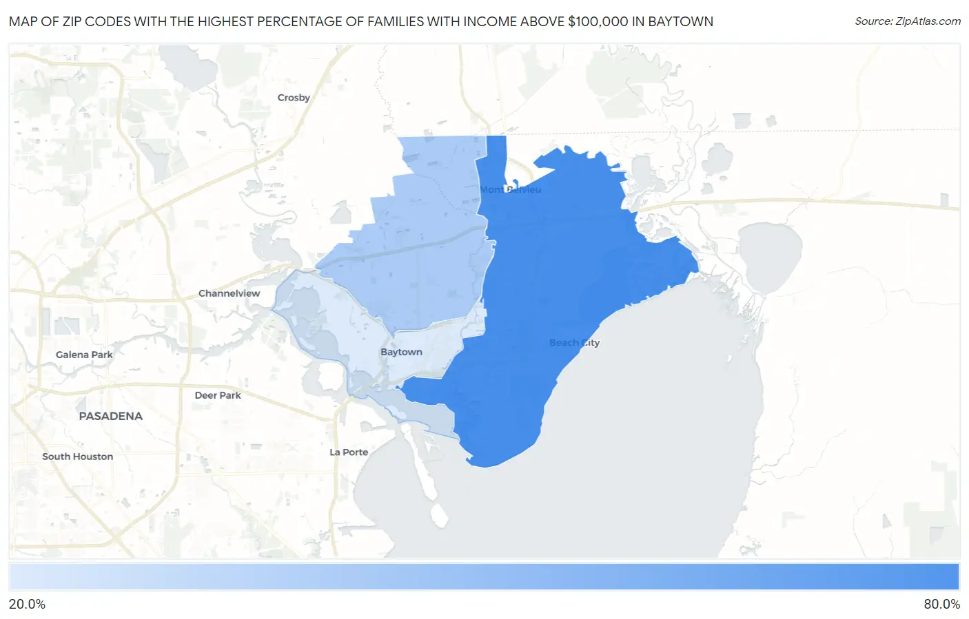 Zip Codes with the Highest Percentage of Families with Income Above $100,000 in Baytown Map