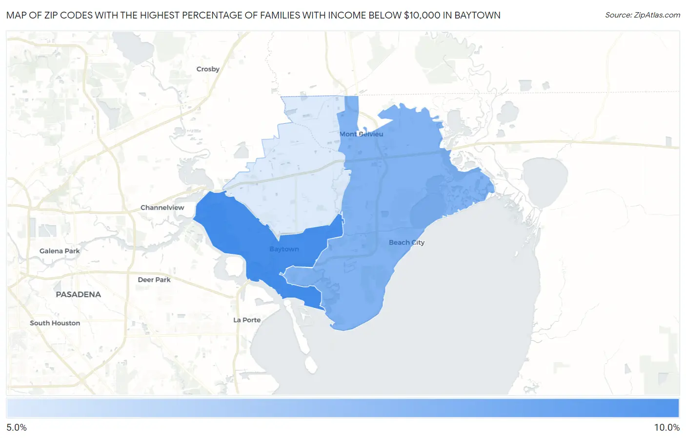 Zip Codes with the Highest Percentage of Families with Income Below $10,000 in Baytown Map