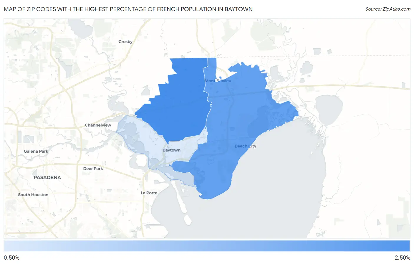 Zip Codes with the Highest Percentage of French Population in Baytown Map