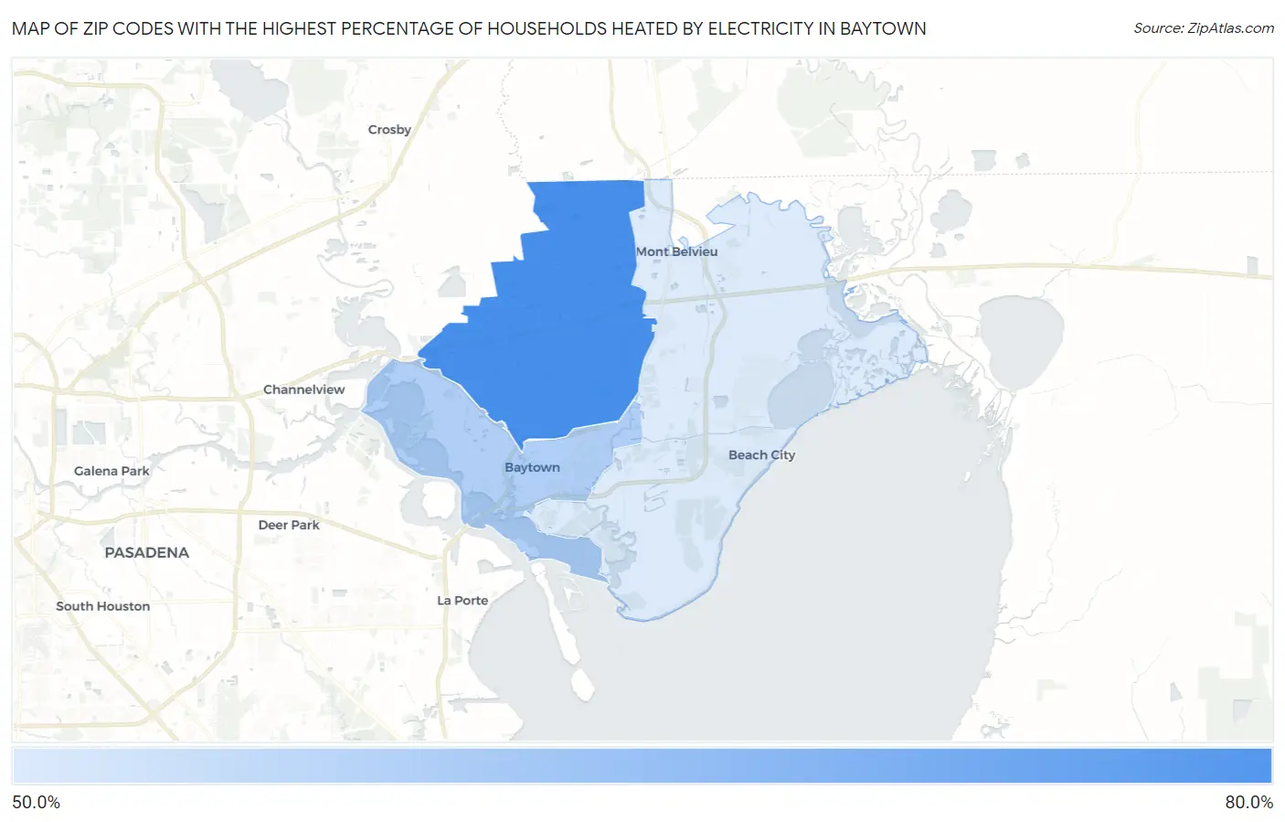Zip Codes with the Highest Percentage of Households Heated by Electricity in Baytown Map